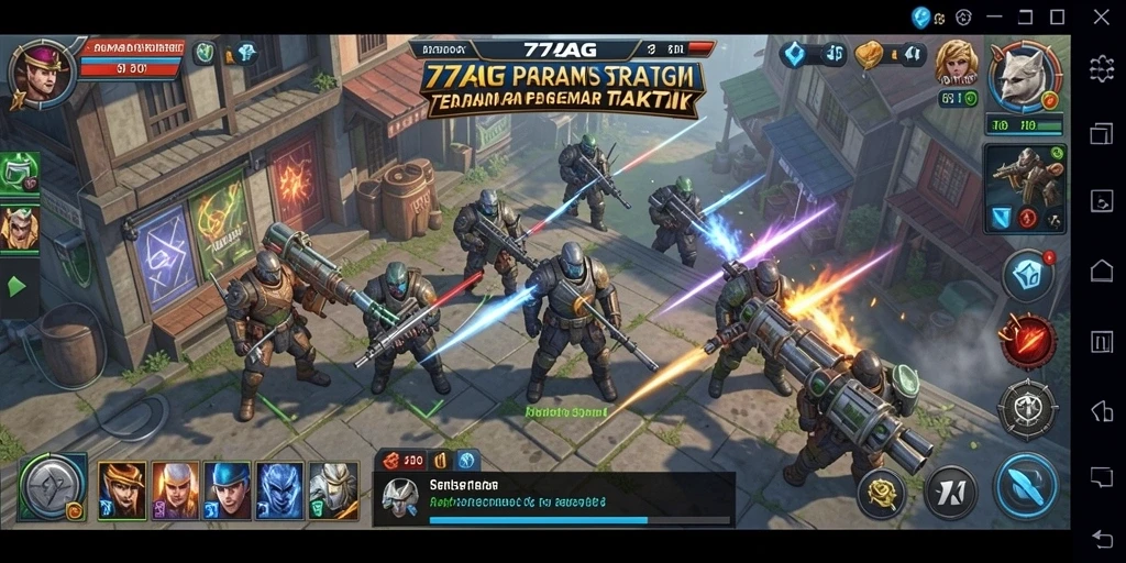 Screenshot utama 77AG memperlihatkan aksi strategi yang intens.
