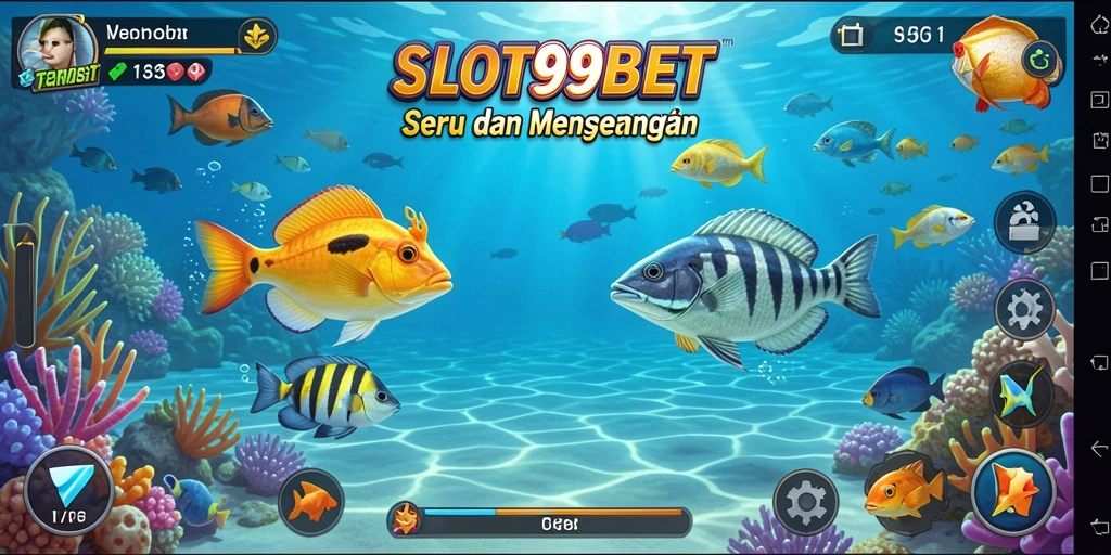 Tampilan gameplay SLOT99BET dengan aksi menembak ikan.