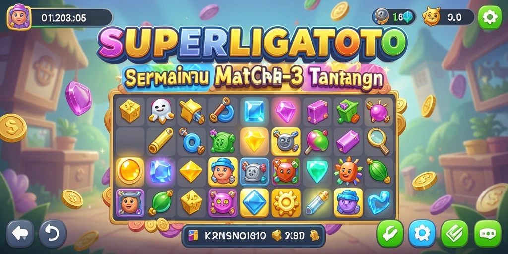 Tangkapan layar SUPERLIGATOTO menampilkan kombinasi objek dalam gameplay Match-3 yang seru.