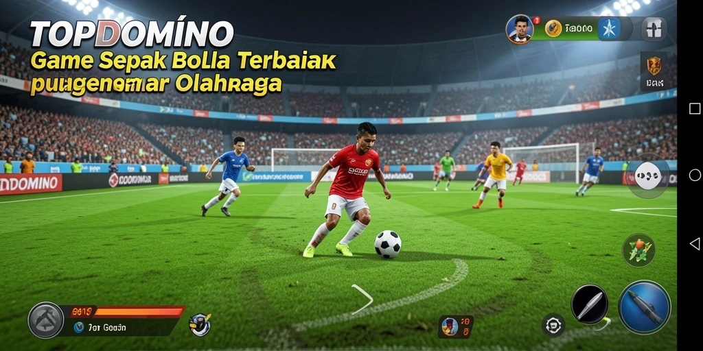 Screenshot utama <strong>TOPDOMINO</strong> menunjukkan aksi seru dalam pertandingan sepak bola.