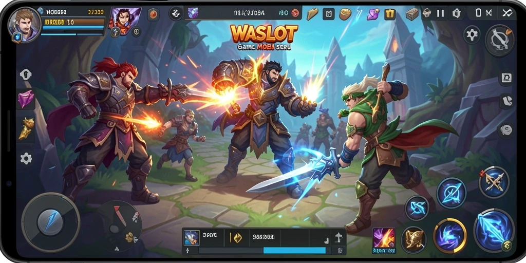 Screenshot WASLOT menampilkan pertempuran seru antar karakter dalam permainan MOBA.